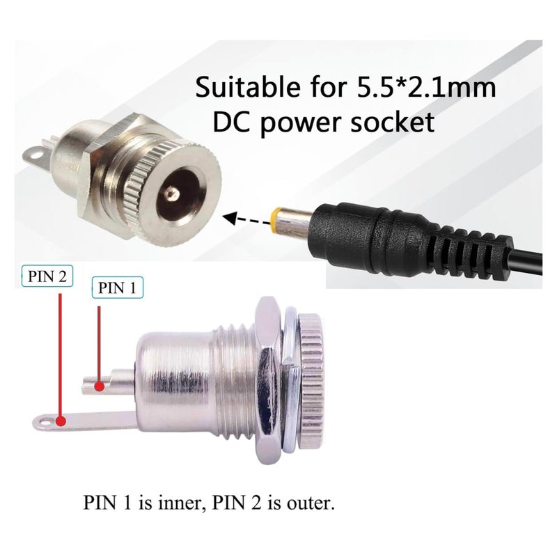 CESS DC Power Jack Socket 5.5 x 2.1mm, Threaded Female Panel Mount Connector Adapter - 2 Pin DC Power Jack Female Panel Mounting Connector Socket, 10 Pack - Image 3
